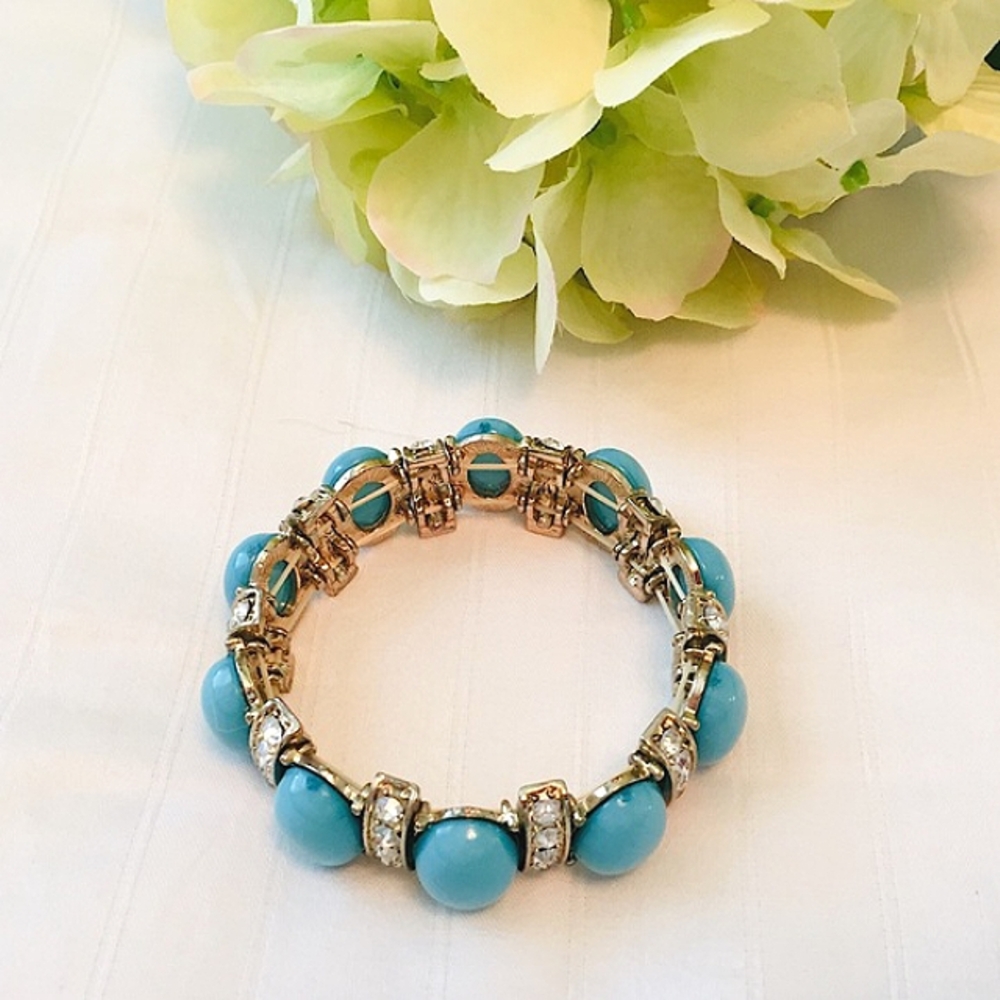 Gold Turquoise Rhinestone Stretch Bracelet - Picture 6 of 7
